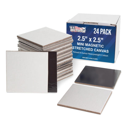 U.S. Art Supply Mini Magnetic Canvas Panels, 24 Pack, 2.5x2.5 Inch, Primed 8 Ounce Heavyweight Cotton, Small Canvases for Painting Acrylic and Watercolor, White Square Flat Canvas Boards