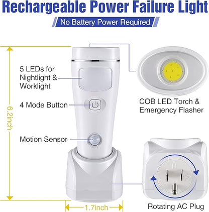 Enhon 6 Pack 4 in 1 LED Emergency Lights for Home Power Failure, Rechargeable Plug in Flashlight Motion Sensor Night Light, Automatic Turn On Power Outage Light for Home Hurricane Supplies (White)