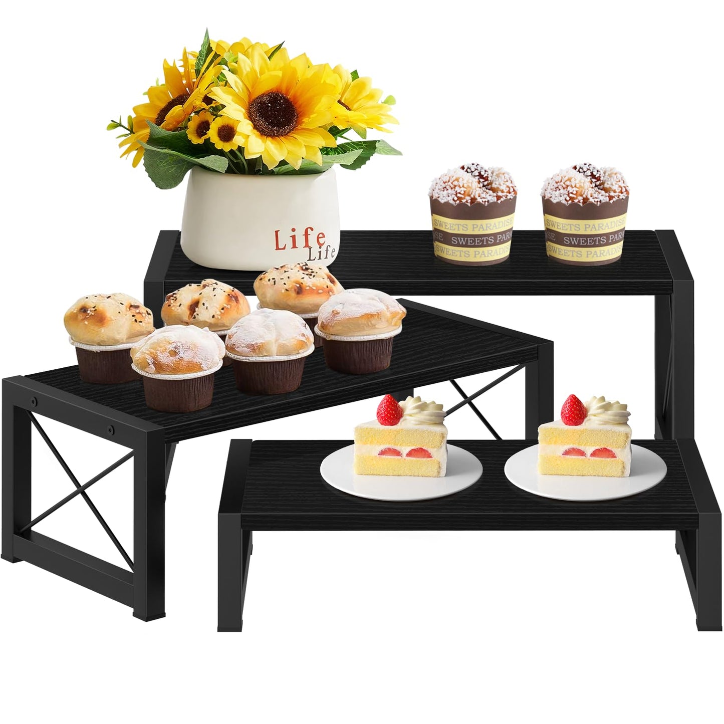 ELITEROO Black 3-Tier Wooden Cupcake and Dessert Display Stand, Multi-Tier Riser for Cupcakes, Food, Perfume, Makeup, Dolls, Collectibles, and Market Vendor Retail Shelf Organizer