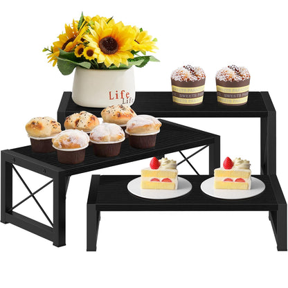 ELITEROO Black 3-Tier Wooden Cupcake and Dessert Display Stand, Multi-Tier Riser for Cupcakes, Food, Perfume, Makeup, Dolls, Collectibles, and Market Vendor Retail Shelf Organizer