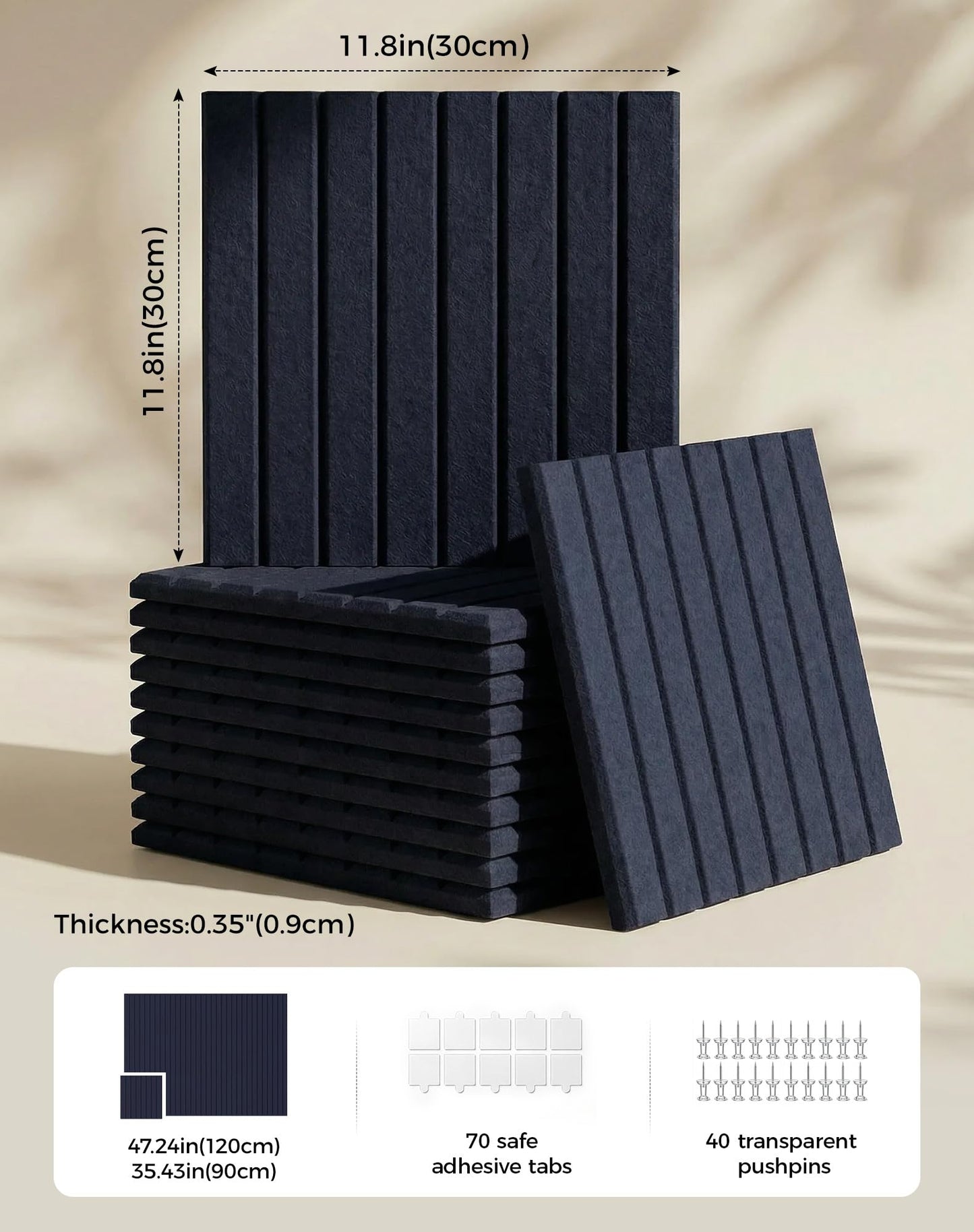 Aothia 12-Pack Felt Bulletin Board Tiles 48"x36", Modular Pin Board for Smooth Walls, Cork Board Alternative for Notes & Photos, 0.35" Thick, 70 Adhesive Tabs & 40 Pins, Navy Blue