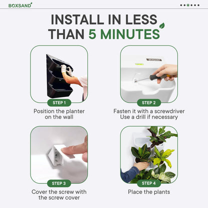 BOXSAND-6 Vertical Wall Planter (12"x26", Black with Square Pots) – Living Wall for 6 Plants, Indoor/Outdoor Vertical Garden System, Easy 2-Screw Install