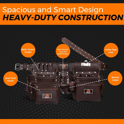 ABRIX Heavy Duty Tool Belt for Men – 4MM Thick Genuine Leather, Brass Buckle & Rivets | Foam Padded Comfort | 28-Pocket Carpenter & Framing Rig | Fits Waist 32 to 52 Inches | Professional Work Belt