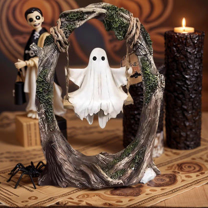 AZYM Ghost Halloween Decor,Ghost on a Tree Swing,Cute Funny Swinging Ghost Halloween Figurine Decoration,for Indoor Desktop Bookshelf Outdoor Garden Patio Lawn Decor