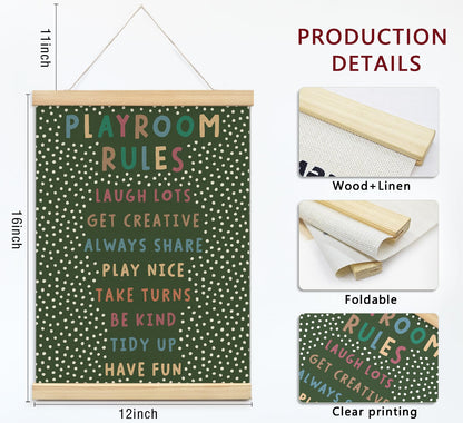 Playroom Kids Tollder Room Wall Decor, Play Room Rules Wall Decor for Kids Play Game Room Bedroom Nursery Home School Playroom Essentials, Canvas Hanging Banner Wood Poster Frameds(dark green)