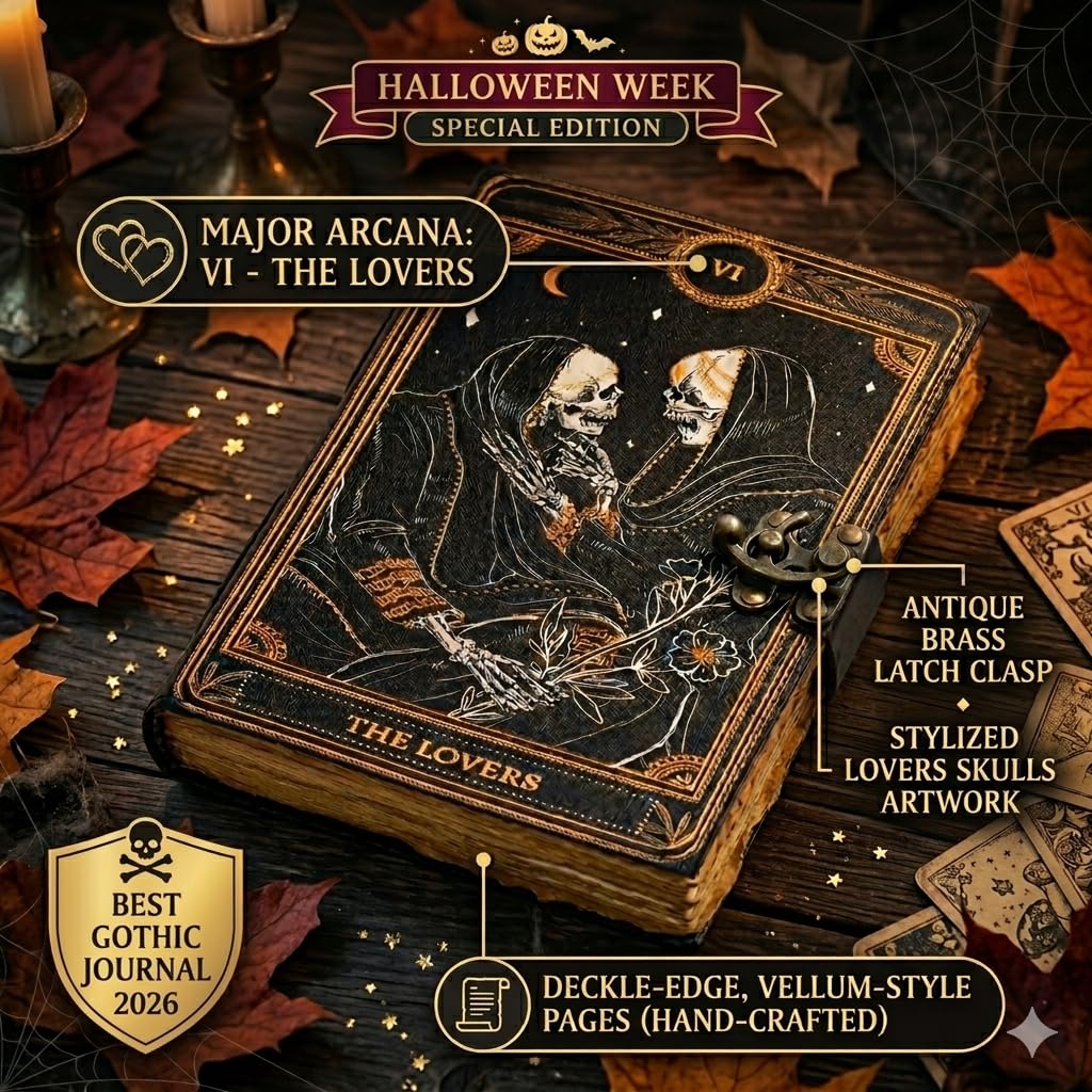 cuero Book of Spells Leather Journal Deckle Edge Paper Grimoire Printed Journal The Lovers Tarot Notebook Spiral Gothic Notebook Skull lover Antique Vintage Leather Journals for Men and Women