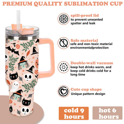 JarThenaAMCS 40oz Halloween Tumbler with Handle Straw and Lid Spooky Skull Ghost Pumpkin Travel Tumbler Coffee Cup for Holiday Party Home Office