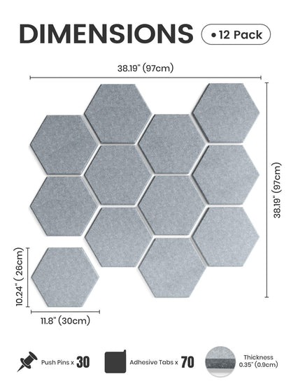 Fluxynara Hexagon Cork Board Alternative for Walls Decor-12-Pack Felt Bulletin Board Tiles,with 30 Pushpins,70 Adhesive Tabs for Office,Classrooms & Home Pin Board Felt Board-Blue Gray