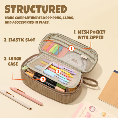 SUNEE Cute Pencil Case, Large Capacity Pencil Pouch, Soft Corduroy Pencil Bag, Big Storage Pen Organizer for Stationery, Aesthetic Zipper Pencil Box, Back to School Supplies for Teen Girls Boys, Khaki