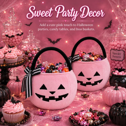 RattanView 2 Pack Halloween Pumpkin Candy Bucket Pink Lantern Treat Bag 8 x 6.3 Inch Trick or Treat Basket with Embroidered Face Striped Bow Handle for Halloween Costume Accessories Candy Gift Bag