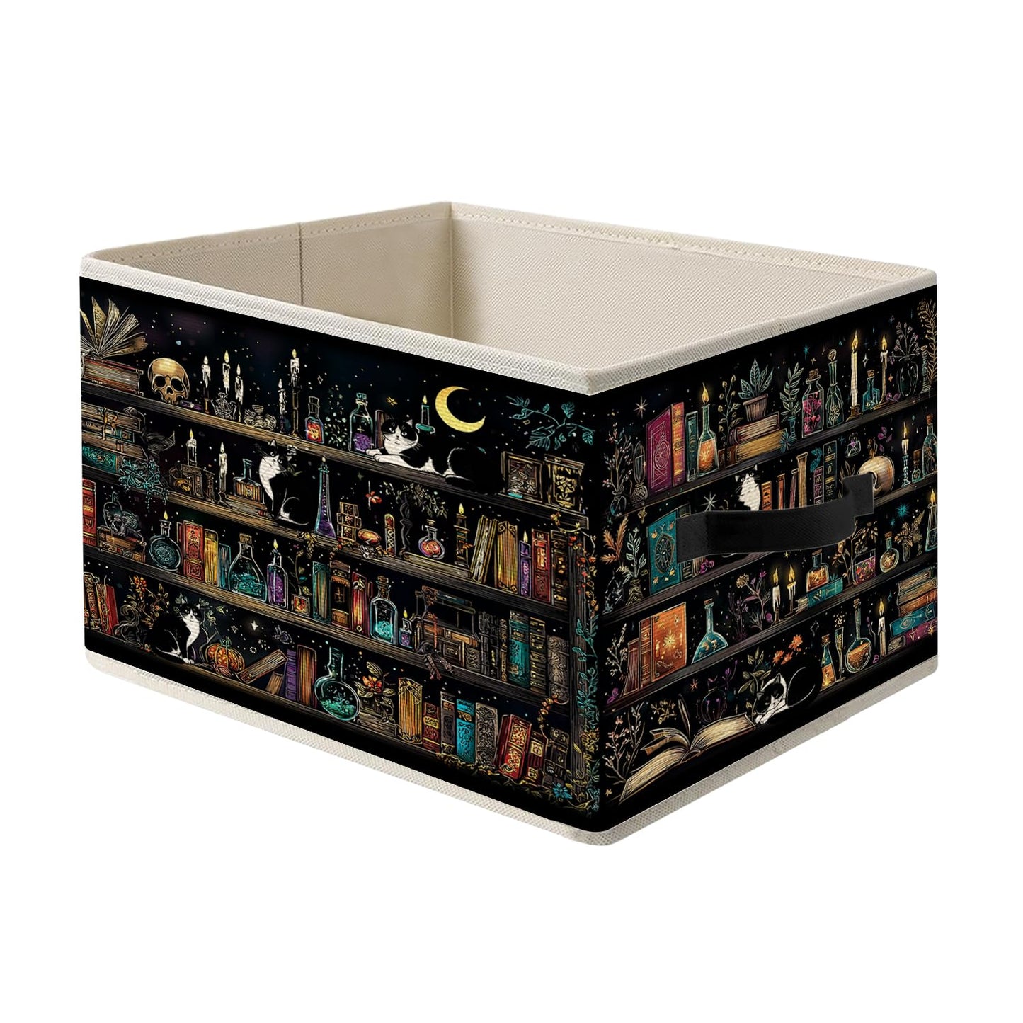 LRWHDFW Dark Gothic Book Storage Bins, Dark Academia Witchy Bookshelf Tuxedo Cat Foldable Closet Organizers Storage Basket Toybox for Reading Room Library Bedroom Bathroom Home Clothes Toys Books