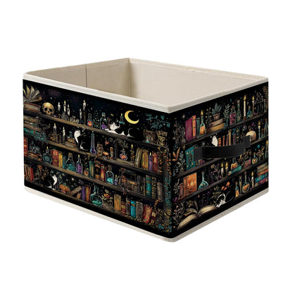 LRWHDFW Dark Gothic Book Storage Bins, Dark Academia Witchy Bookshelf Tuxedo Cat Foldable Closet Organizers Storage Basket Toybox for Reading Room Library Bedroom Bathroom Home Clothes Toys Books