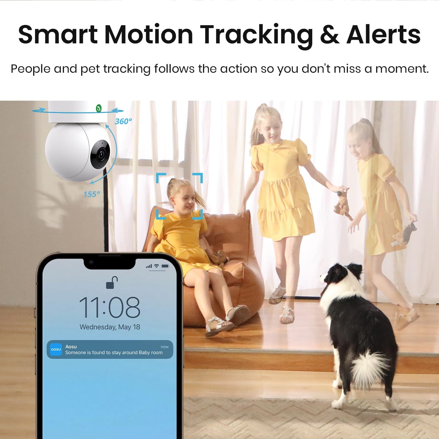 AOSU 2K Security Camera Indoor, Baby Monitor Pet Camera 360-Degree for Home Security with 2.4 GHz Wi-Fi Router, One-Touch Call, Smart Motion Tracking, IR Night Vision, Compatible with Alexa