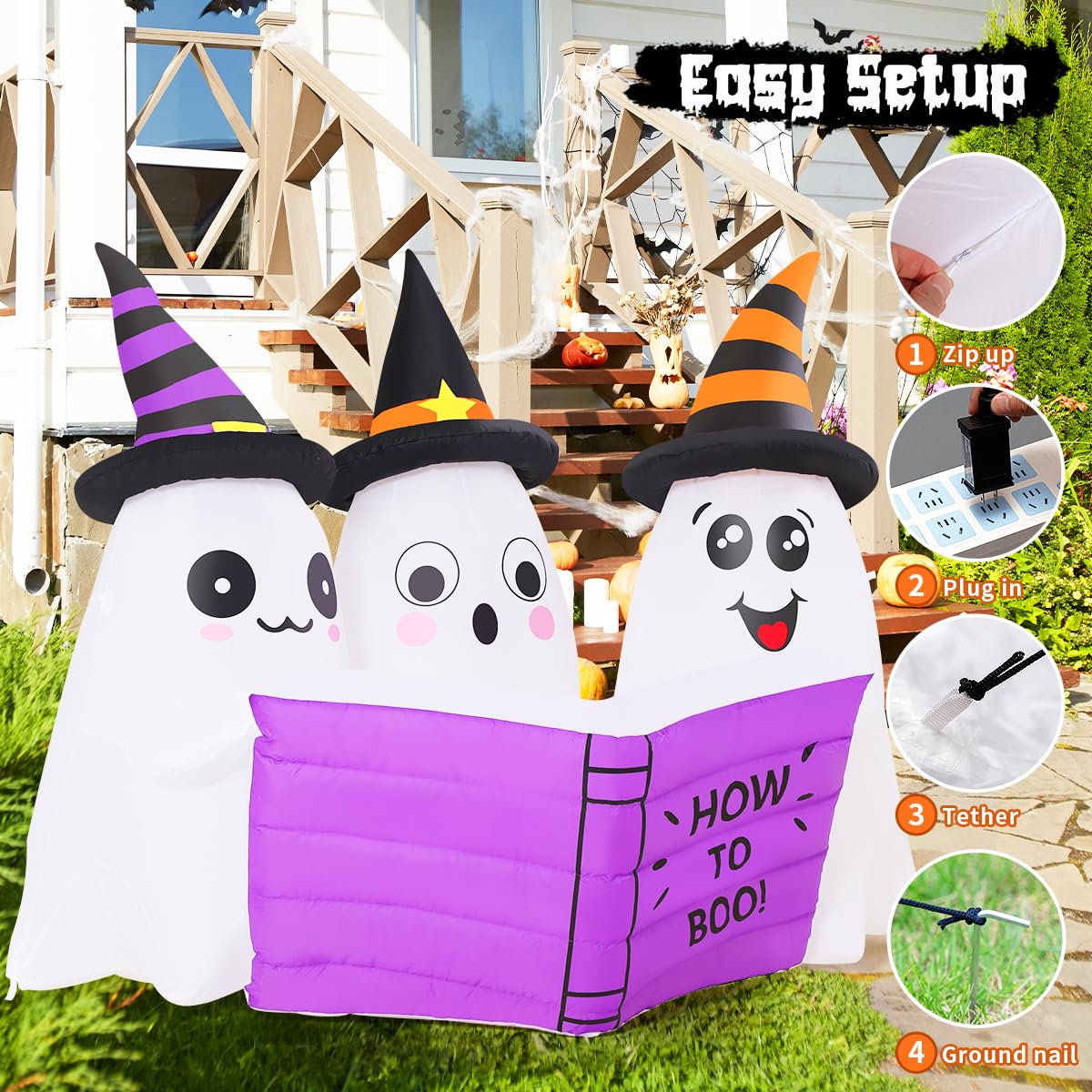 GOOSH 5.2FT Long Halloween Inflatables Ghost Outdoor Decoration Blow Up Yard Cute Ghosts Reading Book with Built-in LEDs for Indoor Party Garden Lawn Holiday Decor