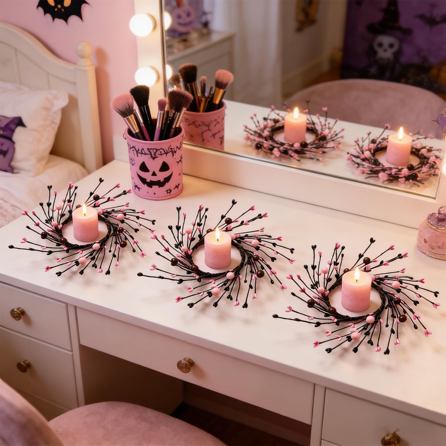 4 Pcs Pink Halloween Mini Candle Ring Wreaths Black Twig & Pink Buds with Bead Accents Artificial Pillar Candle Holder Wreath for Spooky Cute Gothic Home Cabinet Table Porch Decoration
