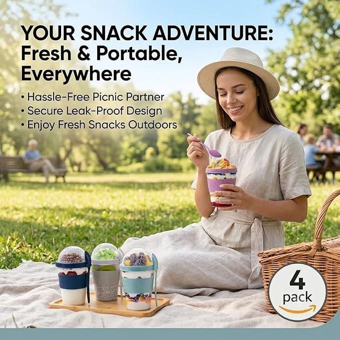 Salda 4 Pack 20 oz Breakfast On the Go Cups, Take and Go Yogurt Cup with Topping Cereal Cup with spoon, Overnight Oats or Oatmeal Container Jar, Colorful Set of 4