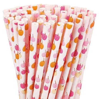 Whaline 200Pcs Fall Paper Straws Pink Orange Pumpkin Disposable Straws Fall Harvest Drinking Straw for Autumn Thanksgiving Party Supplies