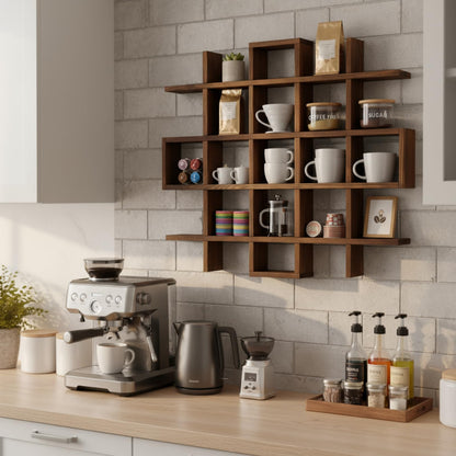 Suzile Oversize Coffee Mug Display Rack Wooden Display Shelves Rustic Wooden Floating Curio Shelf Travel Wall Mounted Coffee Mug Rack Holder Shadow Box Shelf(Grid Size 5.1x5.1x3in,Rustic Brown)