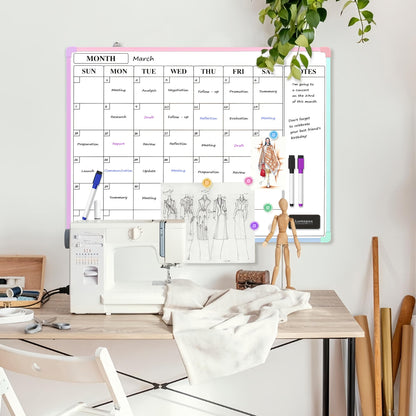 Lumspax Monthly Whiteboard Calendar for Wall, 24" x 18" Dry Erase Board with Plastic Frame, Hanging Dry Erase Calendar with 3 Mini Sticky Notes for Kitchen Planner, Memo, Home and Office, Colorful