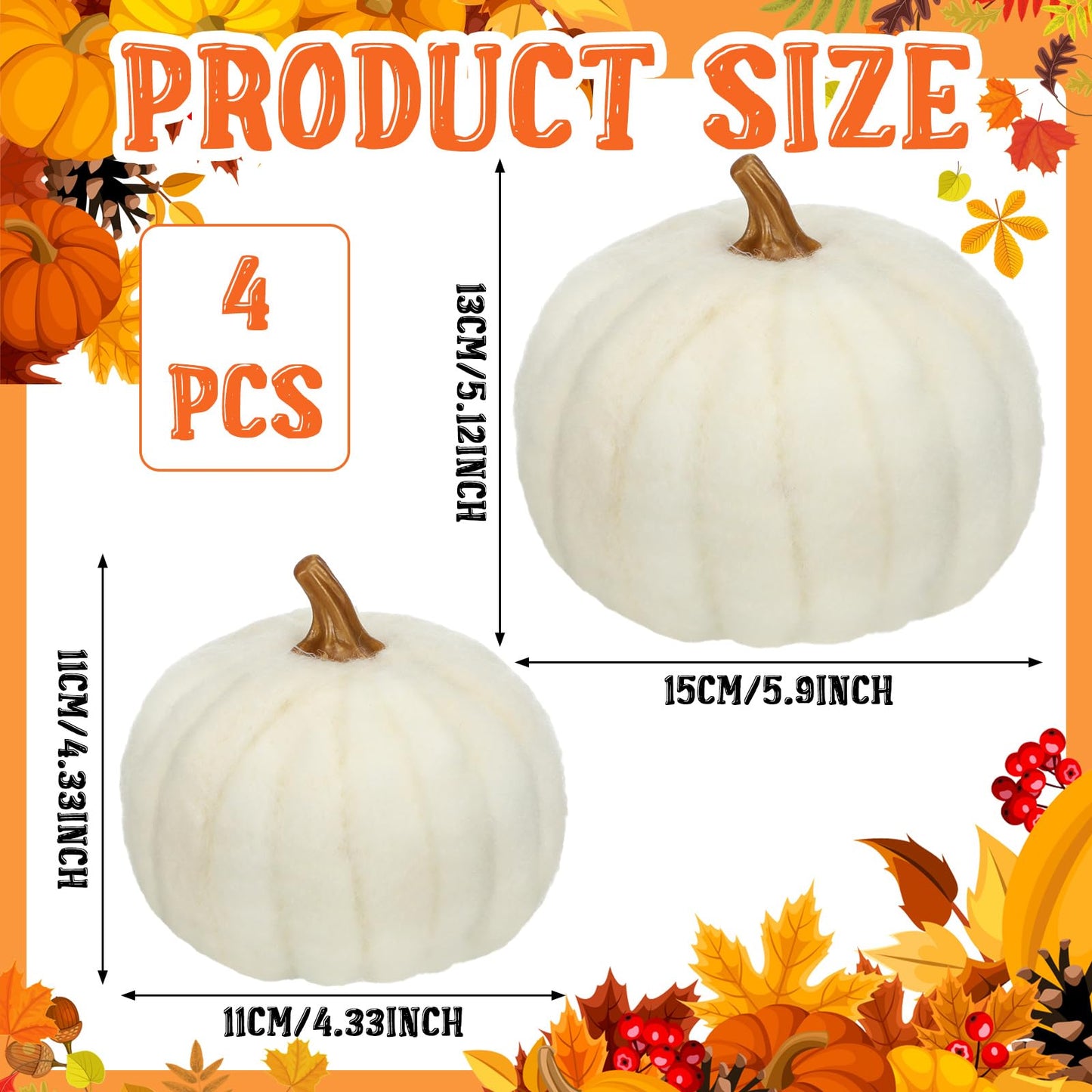 Preboun 4 Pieces Large Wool Fall White Pumpkin Thanksgiving Decor Artificial Fabric Pumpkin Harvest Felt Fake Pumpkins for Decorating for Fall, Thanksgiving, Halloween, Wedding Parties Decoration