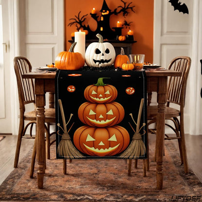JJFYOSF Halloween Table Runner - Stacked Jack-O’-Lantern Pumpkins with Witch Broom Design, Spooky Pumpkin Dining Table Decoration for Halloween Party & Home Décor 13x72 Inch (Pumpkin & Broom)