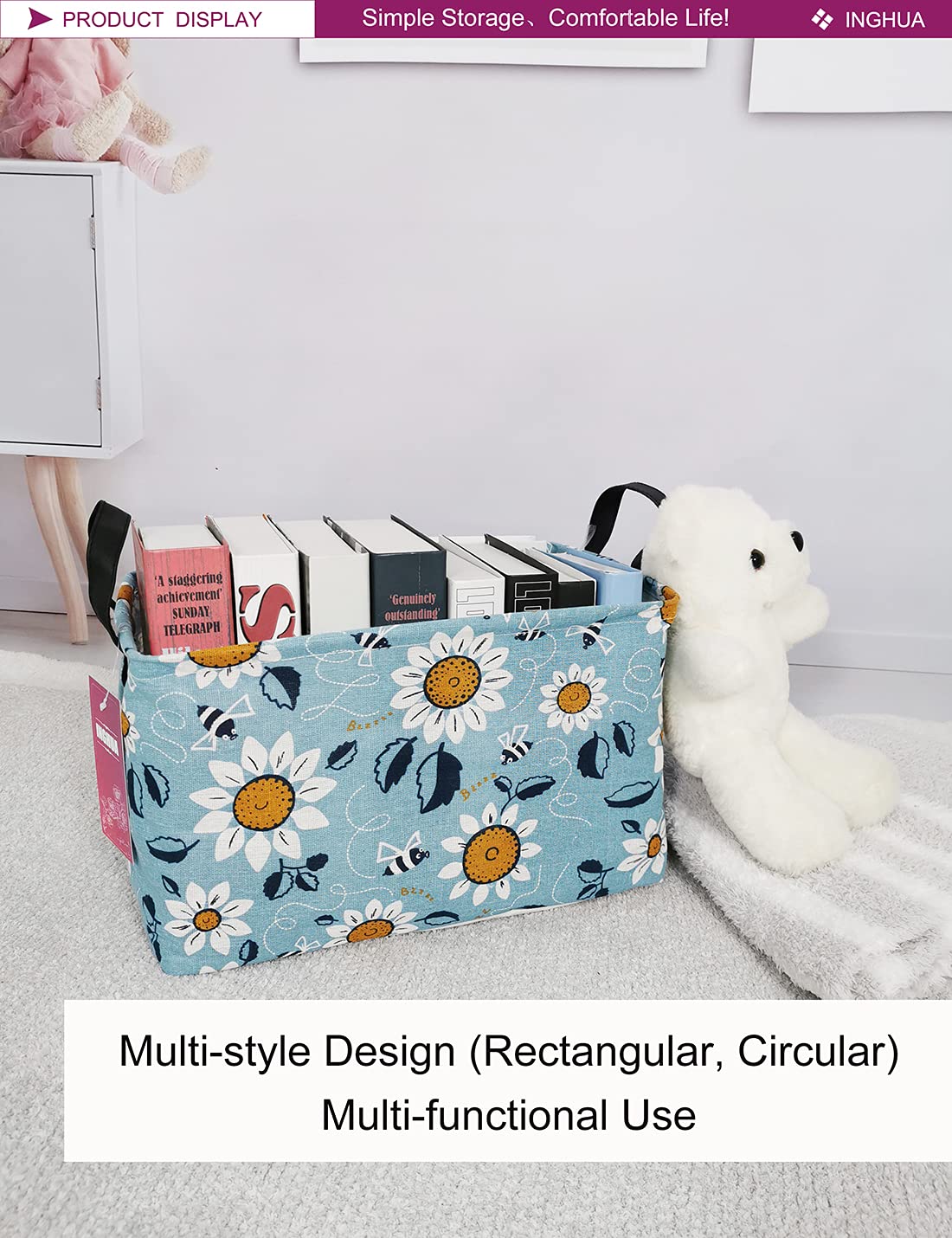 INGHUA Rectangular Storage Basket Fabric Organizer Bin for Toys,Books,Clothes,Gifts,Pets-Perfect for Home,Office,Nursery,Dorm,Shelf(Rec Sunflower)