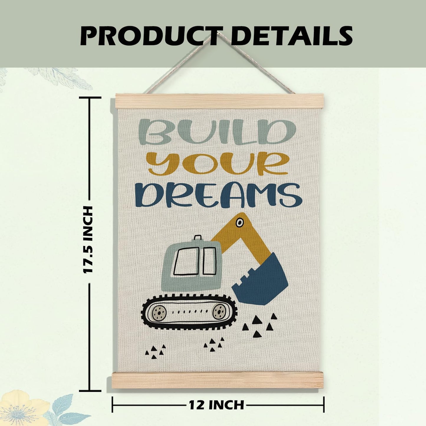 BearCake Construction Decor for Boys Room, Cartoon Excavator Truck Wall Art Poster Hanger Frame, Construction Canvas Prints Framed Wall Decor for Toddler Boy Room Playroom Nursery, 12x16 Inch Set of 2