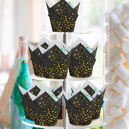 Gerrii 200 Pcs Black Gold Dot Tulip Cupcake Liners Graduation Mini Paper Baking Cups Cupcake Wrappers Muffin Liners for Wedding Tea Party Bridal Baby Shower Decoration