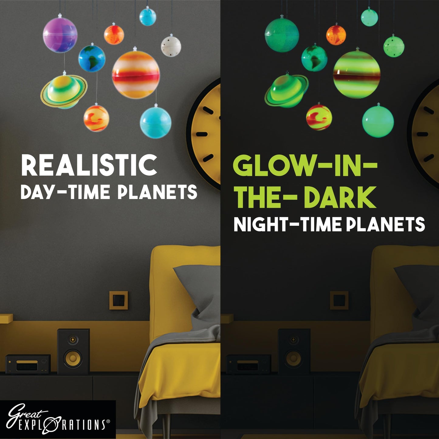 Great Explorations, 3-D Solar System Glow In The Dark Ceiling Hanging Kit 3D Planets and Star Stickers Create the Milky Way Teach Science STEM