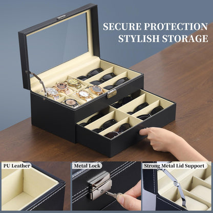 AUTOARK Leather 6 Watch Box Jewelry Case and 9 Piece Eyeglasses Storage and Sunglass Glasses Display Drawer Lockable Case Organizer,Black,AW-048