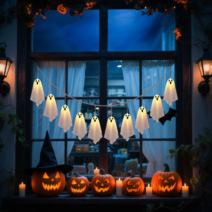 Halloween Ghost Decor, 10 Pcs Spooky Ghosts String Lights Battery Operated, 8 Lighting Mode, Light up Ghost Garland, for Mantle, Fireplace, Window, Porch, Party Indoor Outdoor Decor