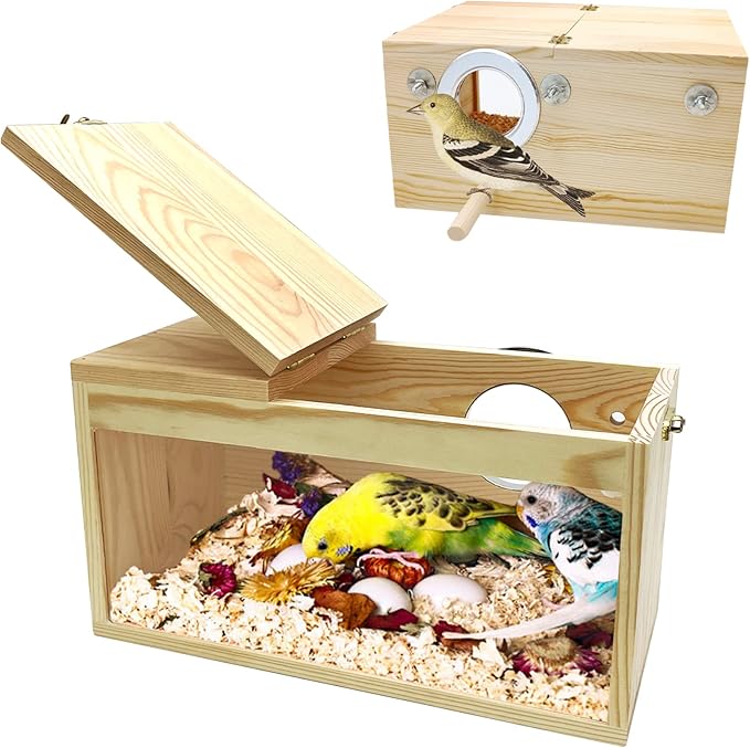 PINVNBY Natural Wood Parakeet Nesting Box Budgie Breeding Box Acrylic Bird Nest for Cage Transparent Panoramic for Parrots, Cockatiels, Lovebirds, Canaries, and Small Birds (M: 9.8 x 5.3 x 5.3 inch)