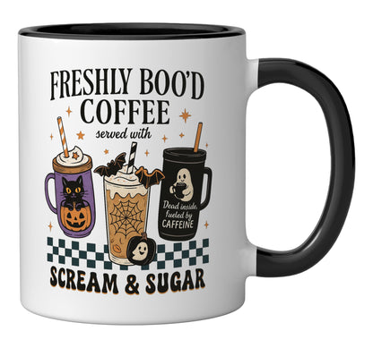 Drinking Coffee Late Lover Cozy Halloween Graphic Barista Ceramic Mug, Black/White