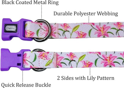 Dog Collar Leash Set, Floral Pattern, Polyester Material, Adjustable Collar and 5ft Matchcing Leash, for Medium Dogs.(M, Purple Lily)