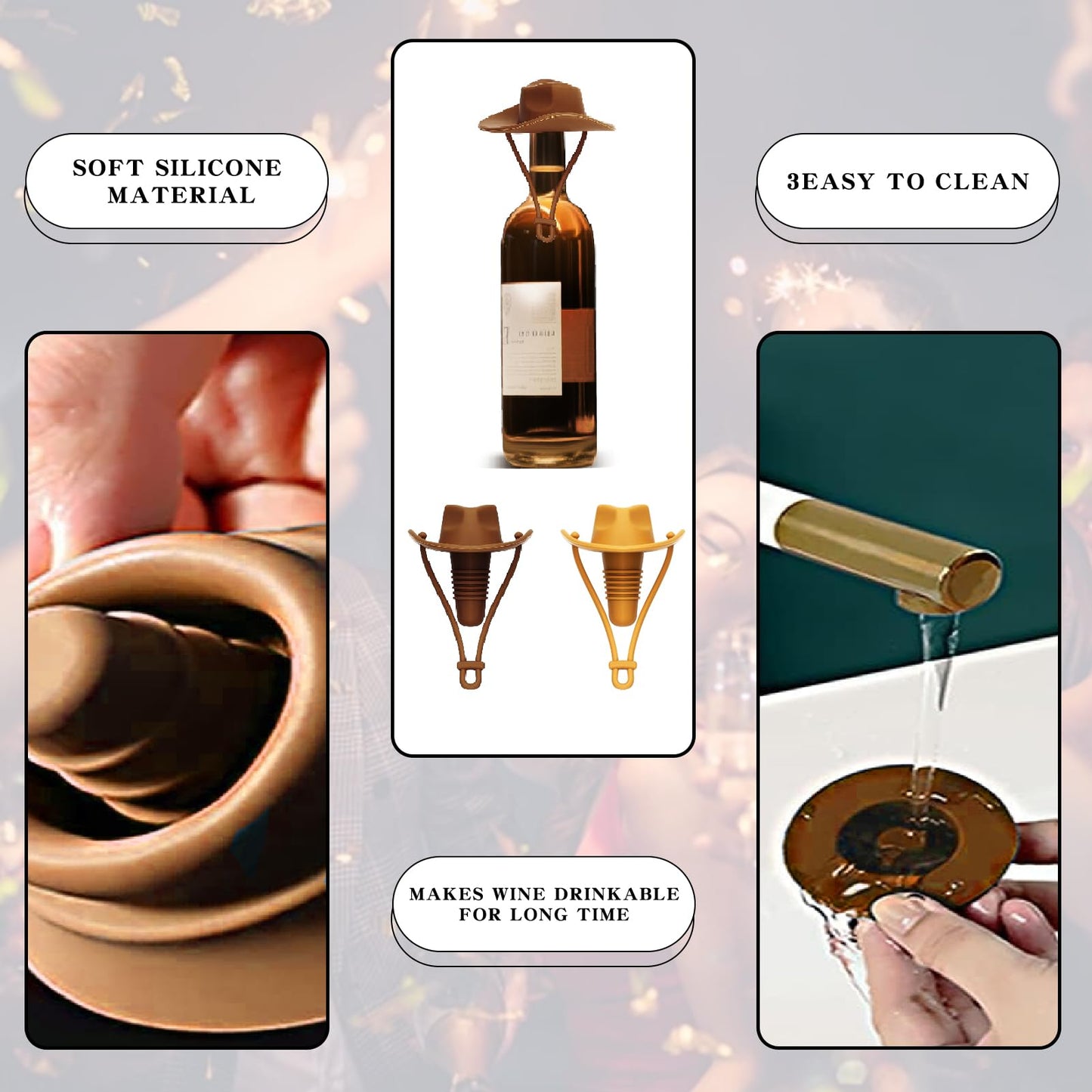 2Pcs Cowboy Hat Wine Stopper Cute Silicone Wine Bottle Stopper Fun Wine Champagne Accessories Reusable Bottle Stoppers Corks Bottle Caps Funny Western Gifts Stuff for Women Men Party Decorations