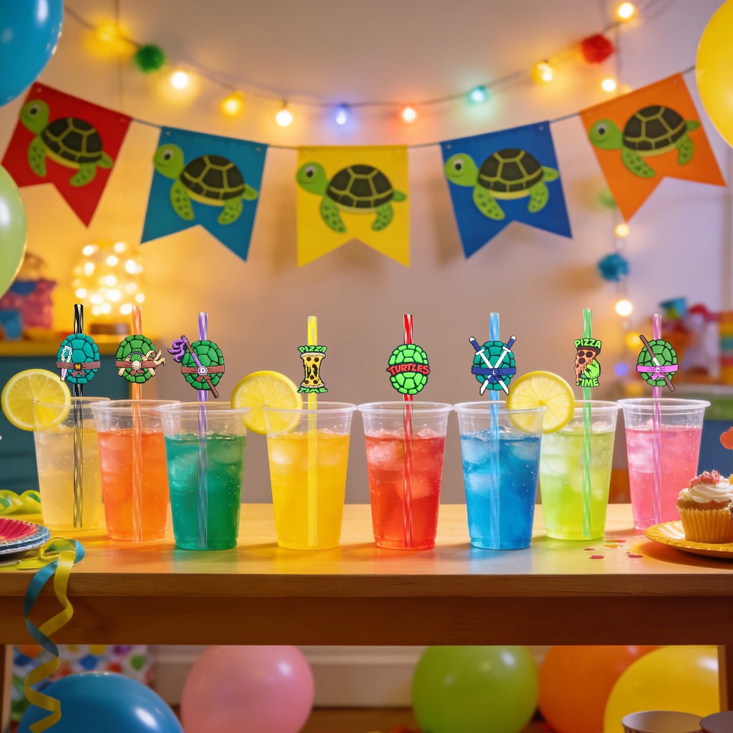 24 Green Turtles Birthday Party Decorations - Reusable Fun Plastic Straws for Kids Boys Girls Cartoon Pizza Turtle Party Favors - Cute Drinking Straws for Teenage Party Supplies Decor + 2 Brushes