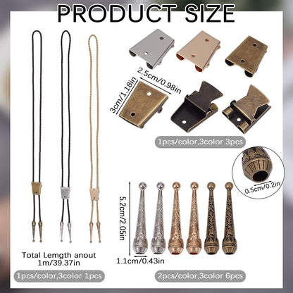 NICENEEDED Bolo Tie Making Kit, Bolo Tie Tips Replacement Accessories with 6 PCS Zinc Alloy Cord End 3 PCS Slide Clasps and 3 PCS Leather Necktie Cord, Western Style Tie Supplies for Bolo Tie Making