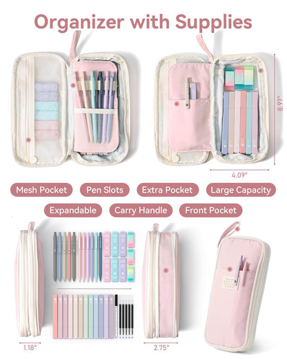 Four Candies 39 PCS Aesthetic Stationery Set with Cute Pen Case, College Supplies and Nursing Essentials, 12 Pastel Highlighters, 5 Black Gel Pens, 6 Mechanical Pencils, Pink