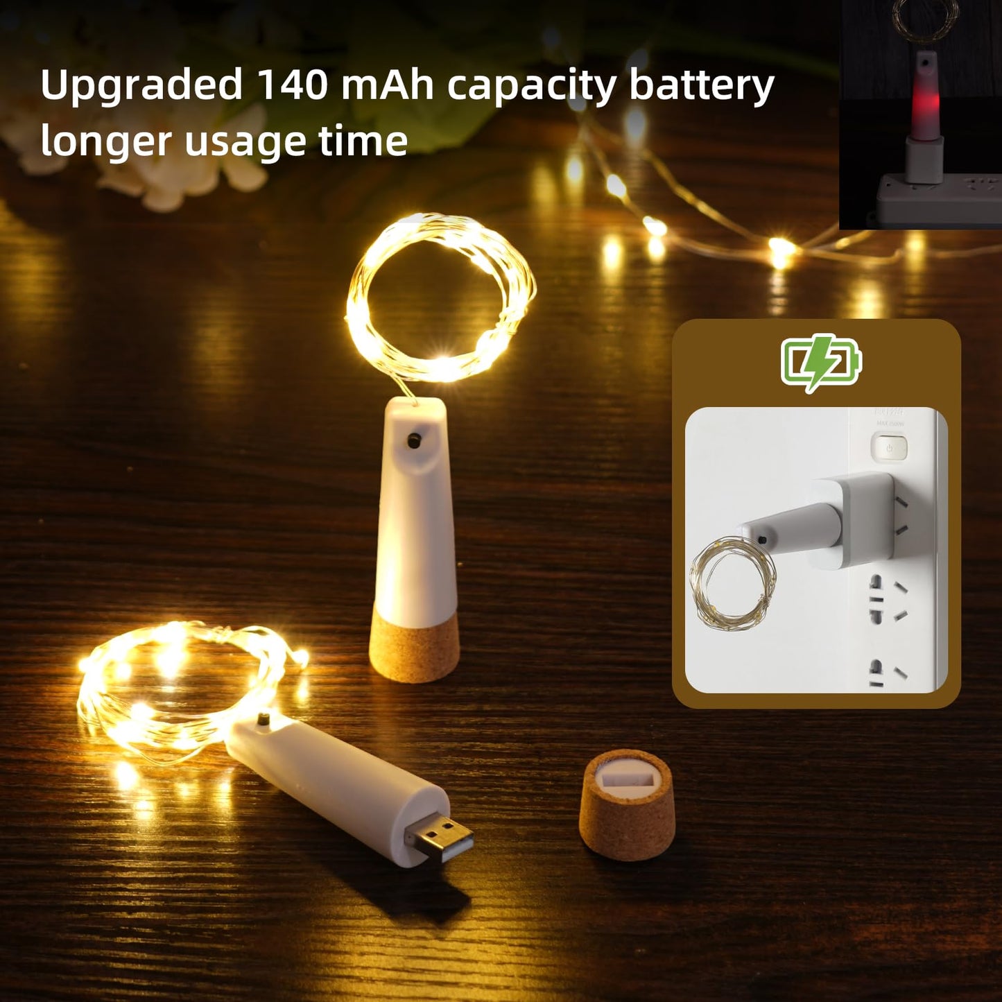 Godinsky Wine Bottle Lights - 4 Pack Rechargeable Battery Operated 140mAh 20 LED Bottle Stoppers，8 Light Modes Switching,Perfect for Christmas, Weddings, Halloween, and More(Warm)