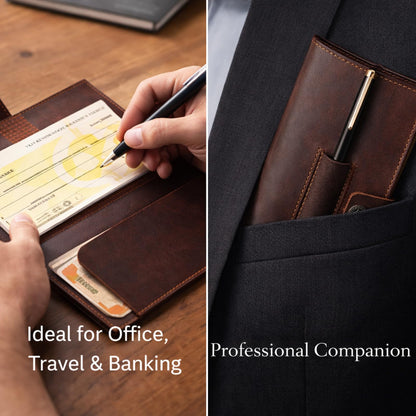 Brown Leather Checkbook Cover for Men & Women, Full Grain Check Book Wallet with Pen Holder, Fits Personal & Duplicate Checks, Slim Money Organizer Case, Durable Leather Checkbook Holder 7x3.75 Inches