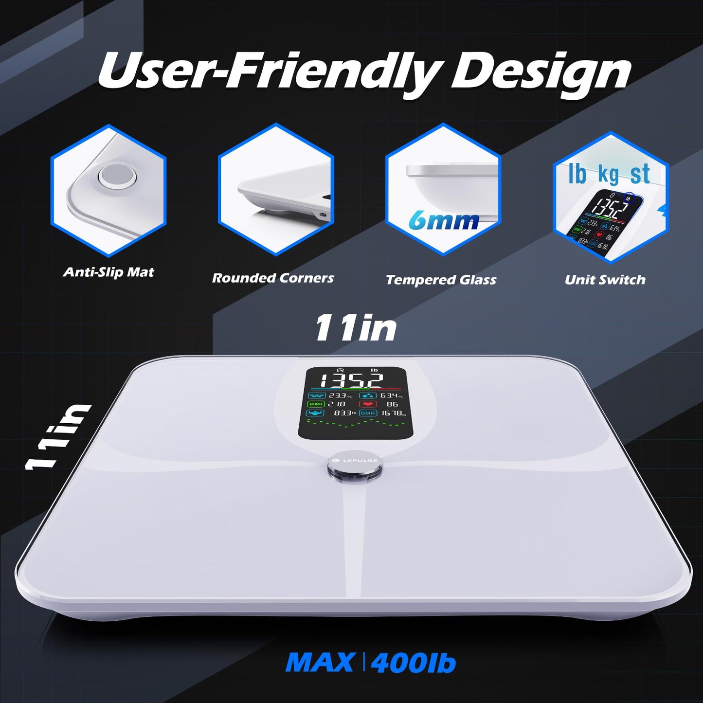 Lepulse Smart Scale for Body Weight, Digital Bathroom Weight Scale with BMI Muscle Mass 20 Body Composition Metrics, Large Display Body Fat Scales, Heart Rate, Accurate Bluetooth Weighing with App