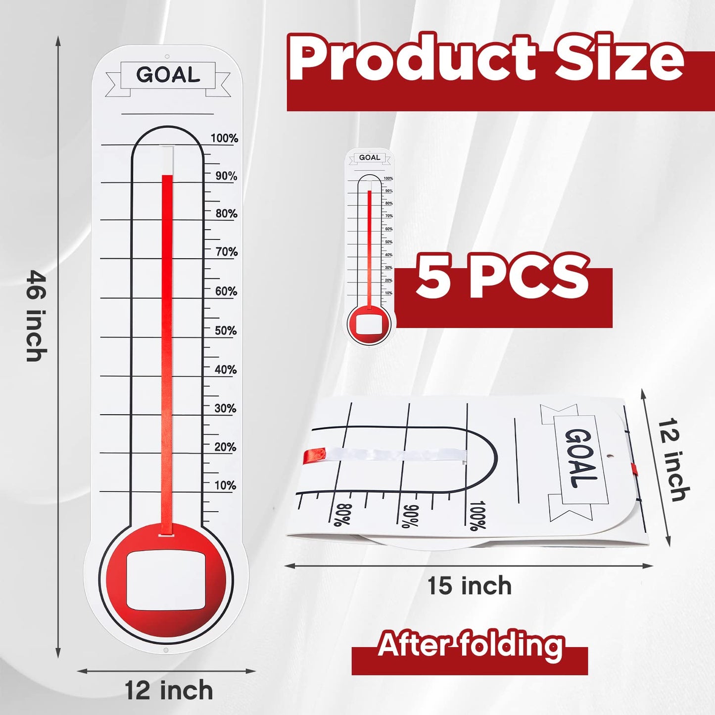 5 Pcs Goal Chart Fundraising Thermometer Goal Setter Board Goal Tracker Giant Goal Chart Goal Tracker Dry Erase Goal Setting Wall Mounted Thermometer with Pull Through Ribbon, 46 x 12 inches