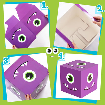 Foilswirl 6 Pcs Monster Birthday Party Decoration Cartoon Big Party Favor Boxes Blue Purple Theme Decor Monster Large Treat Candy Cookie Boxes 11.8'' x 11.8'' for Birthday Baby Shower Photo Booth Prop