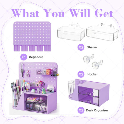 Novabright Desk Organizer with Drawers, Rotating Pen Holder with 5 Slots & Pegboard, Back to School & First Day of School Gifts, Multifunctional Desktop Storage for Desk Home Office Supplies(Purple)