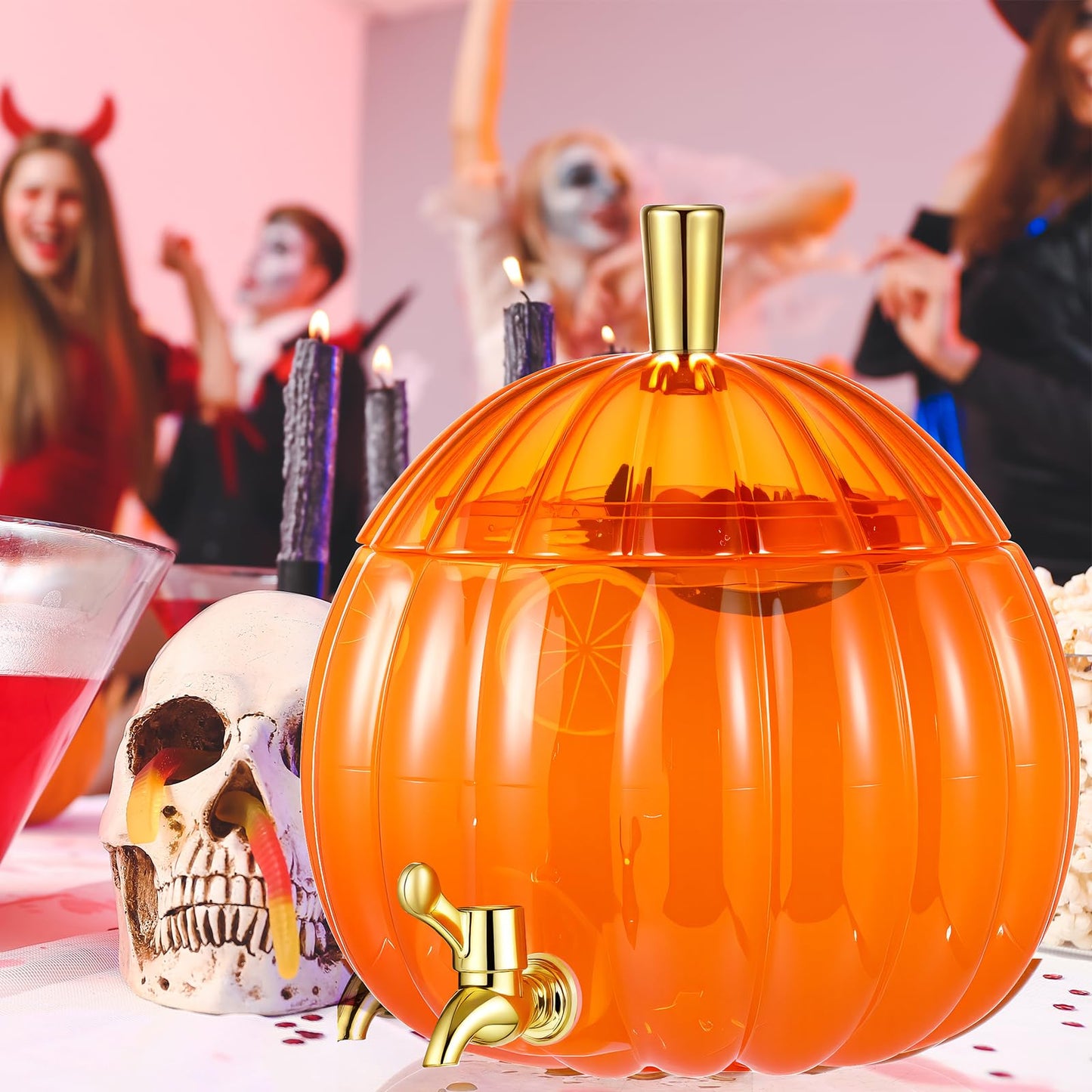 Potchen 1.3 Gallon Pumpkin Plastic Drink Dispenser Thanksgiving Drink Dispenser Fall Harvest Kitchen Decoration Beverage Water Container with Spigot for Fridge Halloween Autumn Party Supplies(Orange)
