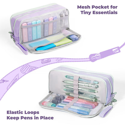 Four Candies Puple Pencil Case 3 Compartment Pouch, Large Pencil Case for School, Girls, Teen Boys, Women, Puple, Removable Handle & Zipper, Cute Pencil Bag for Office, College