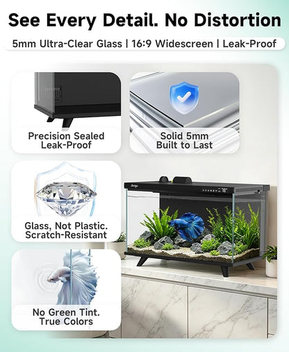 M1 5 Gallon Aquarium Starter Kit, App Control Smart Fish Tank with Filter, Auto Feeder, Quiet Pump, Timer Light, Temp Display, Crystal-Clear Glass Desktop Betta Tank for Guppy Shrimp, Black