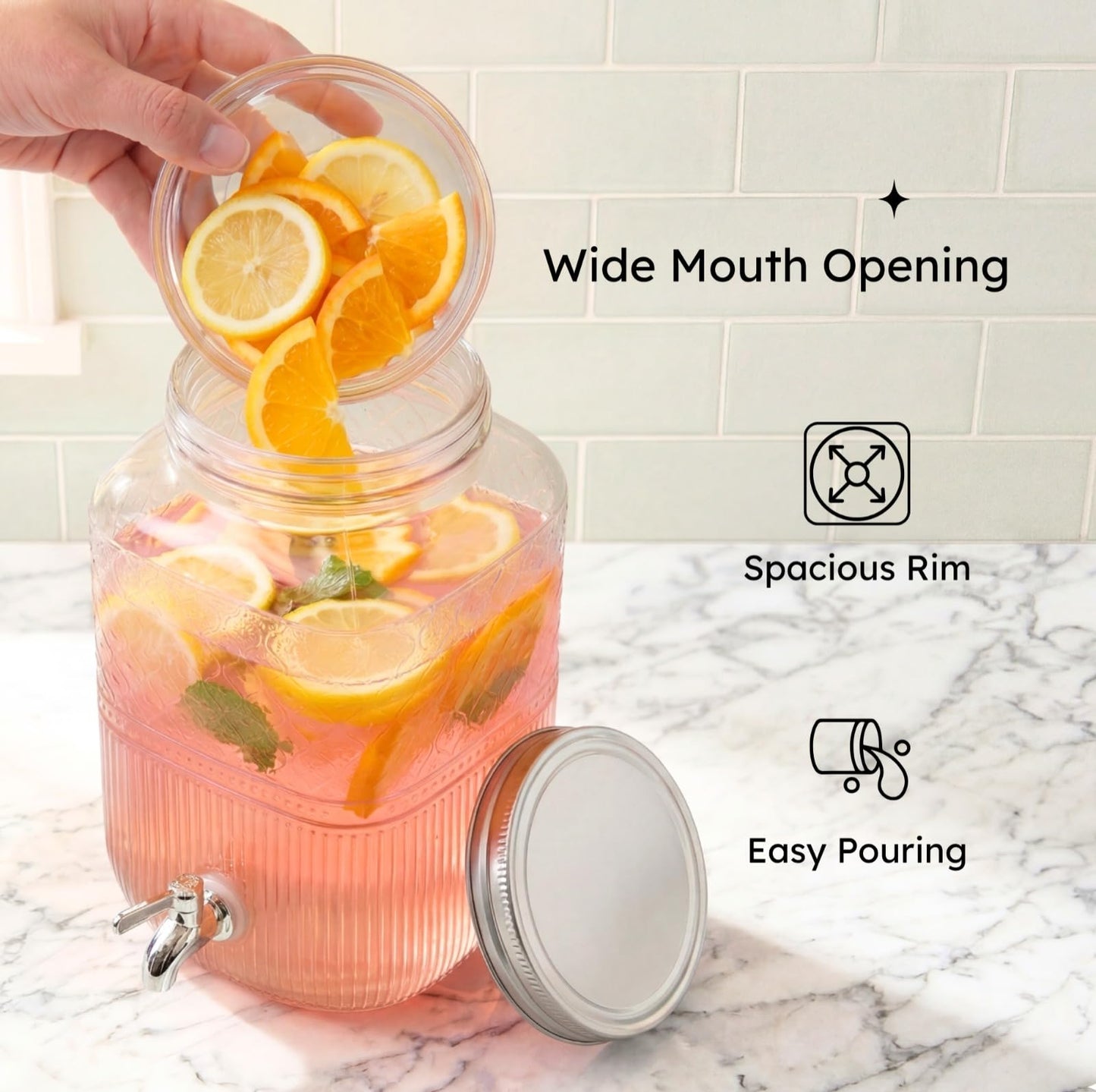 Godinger Drink Dispenser 2 Gallon, Large Glass Water Dispenser - (256oz) Blush