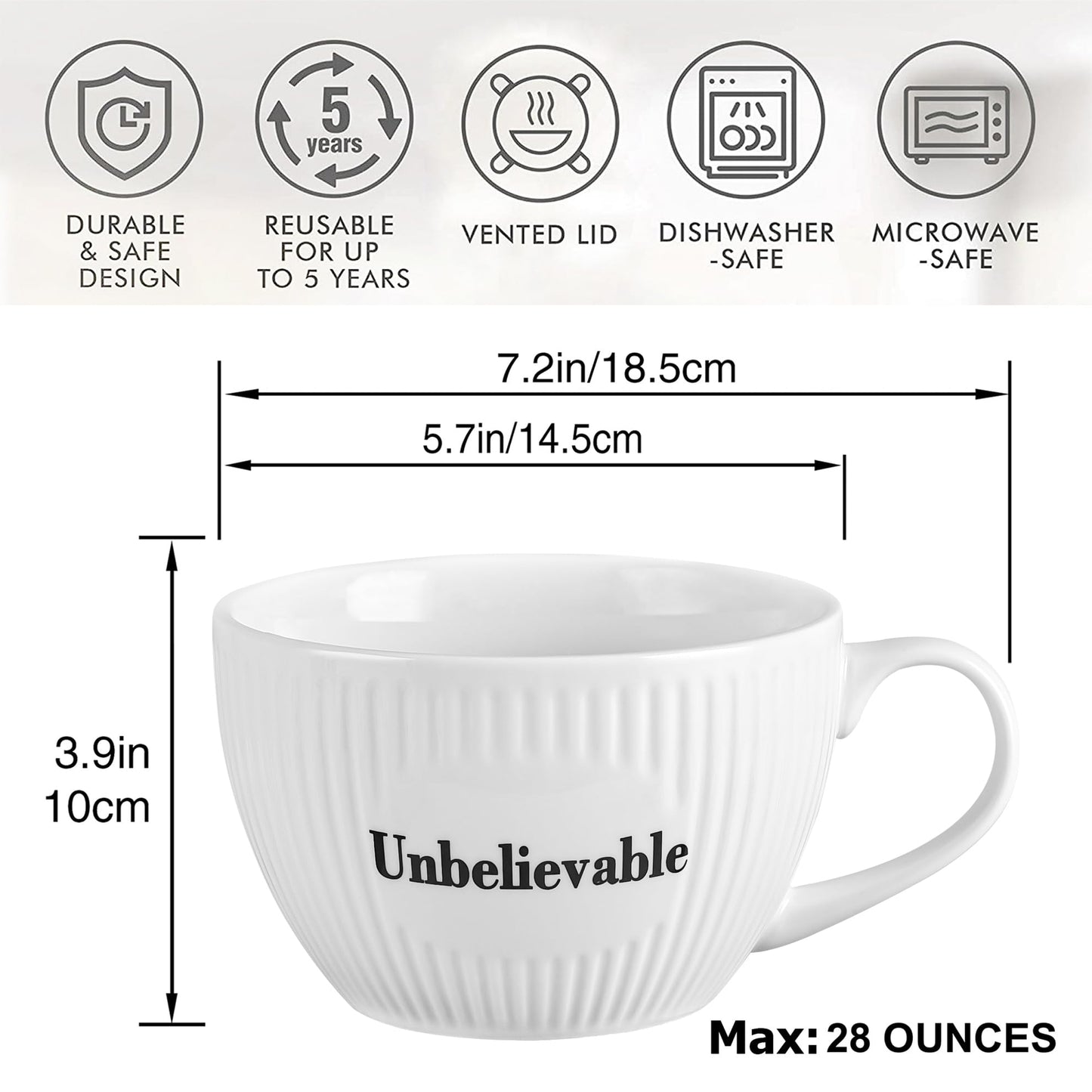 Unbelievable 28 oz Soup Mug, Striped Porcelain Meal Prep Lunchbox with Lid, Funny White Ceramic Sup Bowl with Handle and Cover for Meals or Drinks at Office, Dorm or Home Kitchen, Halloween Fall White