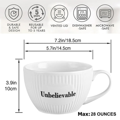 Unbelievable 28 oz Soup Mug, Striped Porcelain Meal Prep Lunchbox with Lid, Funny White Ceramic Sup Bowl with Handle and Cover for Meals or Drinks at Office, Dorm or Home Kitchen, Halloween Fall White